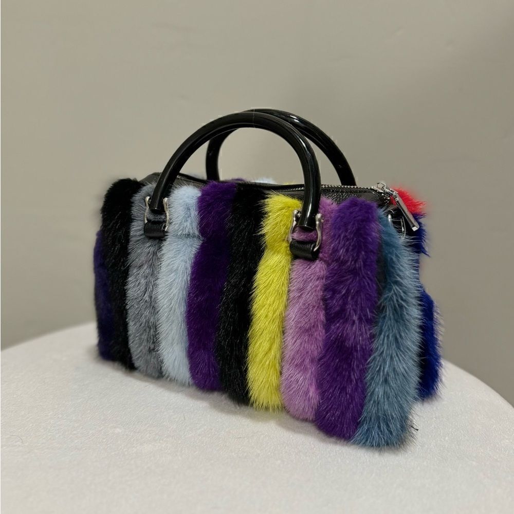 Multi Way Use Handmade Color-block Real Mink Fur Top Handles Satchel/Crossbody - Picture 10 of 16
